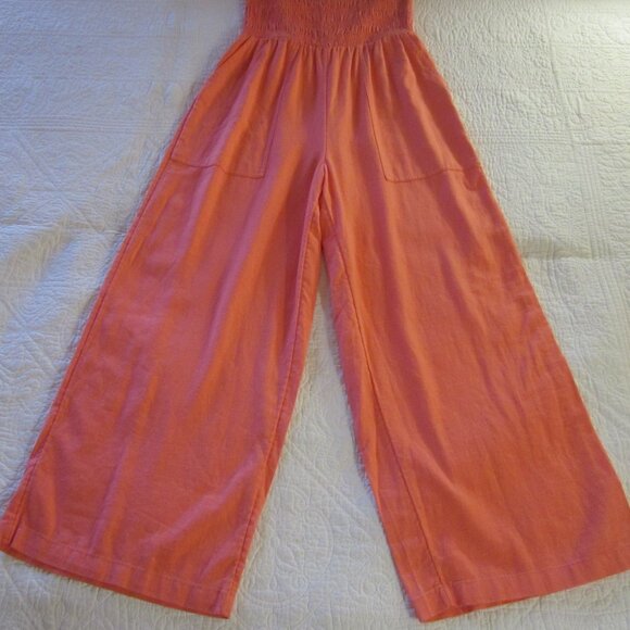 Universal Thread Jumpsuit S Coral/Orange Smocked Linen Blend Pockets - Picture 6 of 8